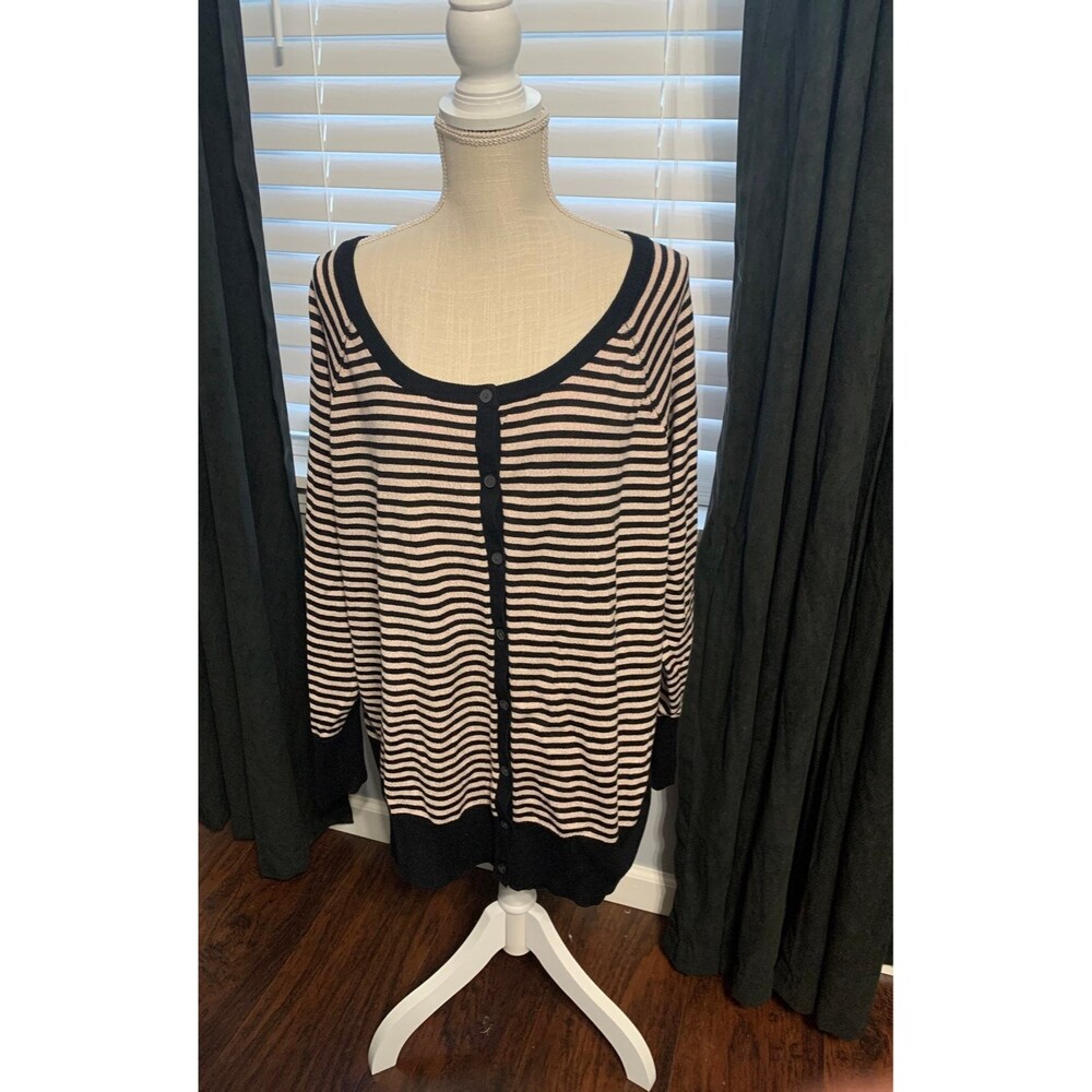 Lane Bryant Black and Rose Gold Metallic Button-Front Cardigan Sweater.